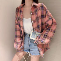 Loose-fitting Korean-style Plaid Shirt For Women