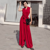 V-neck bow tie wide leg jumpsuit
