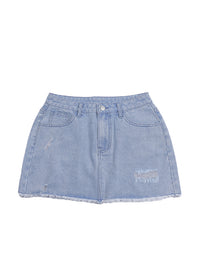 Ripped Denim Mini With Raw Hem Street-style Casual Denim Skirt Featuring Pockets