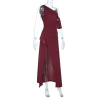 Slim-fit Long Dress With Spaghetti Straps One-shoulder Design Ruching And A Slit Featuring An A-line Skirt