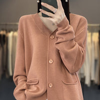V-neck Solid Color Double Pocket Buckle 100 Cotton Thread Long Sleeve Lazy And Loose Casual Spring Knitted Cardigan For Women