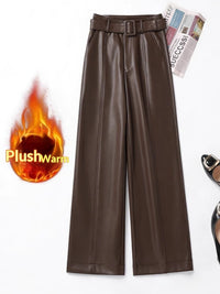 Womens Straight-Leg Leather Pants High-Waisted Fashionable Wide-Leg Pants