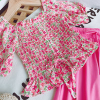Chiffon Floral Top And Wide Leg Pants Two-piece Suit