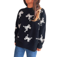 Contrast Color Bow Casual Loose Knitted Round Neck Sweater
