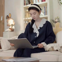 Sweet All-Cotton Lace-Trimmed Long-Sleeve Loungewear Pajama Set