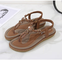 Women's Sandals Wooden Bead Woven Large Size Flat Bottom Casual