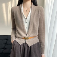 Pure Wool Women's Spring And Autumn V-neck Stitching Coat Knitted Top