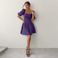 Womens New Elegant Square-Neck Short-Sleeve High-Waist Dress