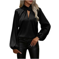 Womens Satin V-Neck Long-Sleeve Loose Top