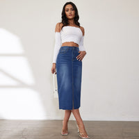Womens High-Waisted Denim Skirt With A Front Slit And Long Length