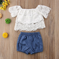 Lace top, denim skirt, three-piece set