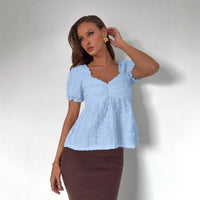 V-neck Fashionable Simple Puff-sleeve Top For Women