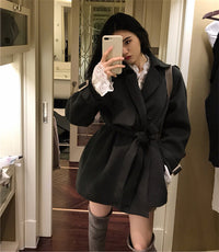 Double-sided waist belt tie trench coat woolen mid-length coat