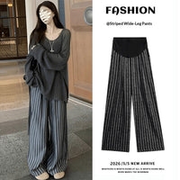 Laid-back Style Vertical Stripe Loose High-Waist Wide-Leg Maternity Pants