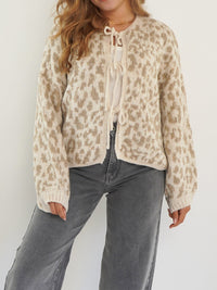 Round Neck Tied Leopard Print Knitted Cardigan Sweater