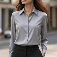 Solid Color Long Sleeve Lapel Satin Blouse