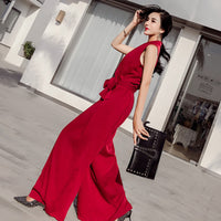 V-neck bow tie wide leg jumpsuit