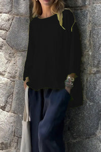 Women's Loose Linen Cotton Round Neck Long Sleeve Shirt