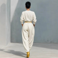 Womens Simple-style Loose Top And Harem Wide-leg Pants Two-piece Set With Belt