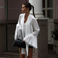 Solid Color Flared Long Sleeve V-neck Lace-up Micro Transparent Elegant Shirt