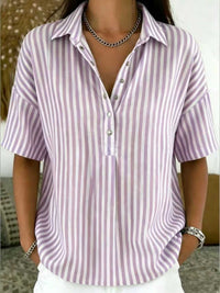Women's Fashion Casual Striped Short-Sleeve Shirt With Lapel Collar