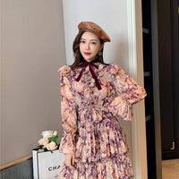 Retro Floral Print Bow Long-sleeved Jumpsuit Skirt