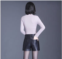 Black Wide-leg Slim High-waist Leather Shorts