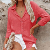 Womens Solid-Color Cotton And Linen Shirt