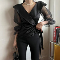 Womens V-neck Panelled Puff-Sleeve Bow-Tie-Neck Blouse