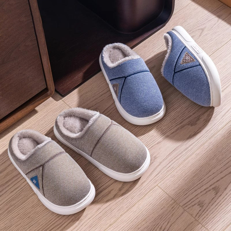 Solid Striped Home Slippers Winter Warm Fleece Shoes Men Indoor Bedroom Floor Plush Slippers For Women Couple