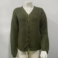 Solid Color And V-neck Hollow Out Tied Knitted Sweater