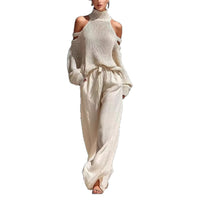 Womens Long-Sleeve Turtleneck Top And Pants Two-Piece Set