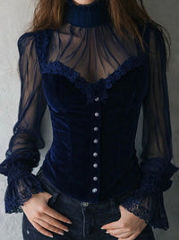 Mesh-panel Black Lace Top With Hollow-out Floral Trim
