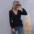 Long-sleeve Solid Color Slim-fit Commuter Black Pullover V-neck Base Layer T-shirt For Women