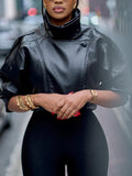 Black Lychee Grain Faux Leather Stand Collar Puff Sleeve Cropped Jacket
