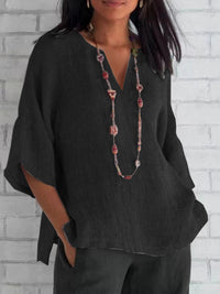 Three-quarter-sleeve Cotton-linenSolid-color Loose-fit Casual Shirt