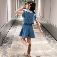 Girls' summer lace collar denim suit