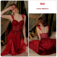 French Deep V Plus Chest Pad Lace Backless Strap Nightdress