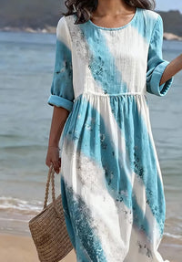 Women's Casual Round Neck Mid Sleeve Print Cotton And Linen Dress