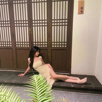 Small Flutter Sleeves Waist-cinching Mesh Skirt Asymmetrical Long Dress