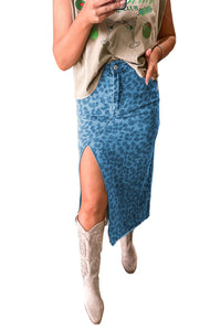 Sky Blue Leopard Denim Frayed Split Denim Midi Skirt