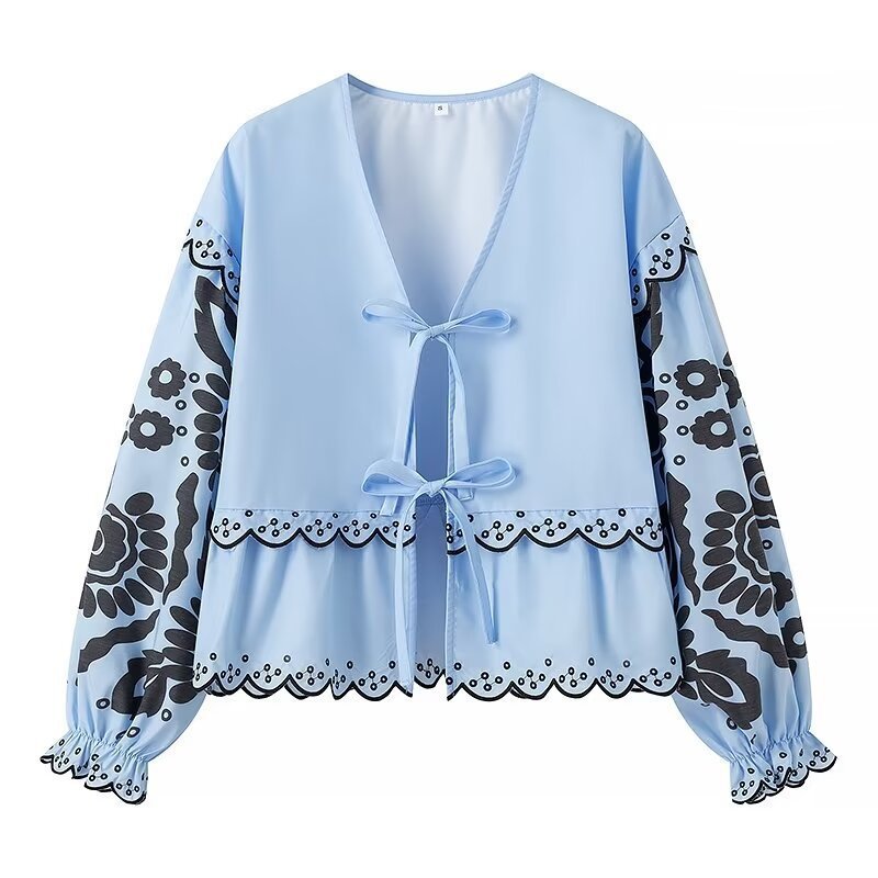 French Fashion Vintage Embroidered Flared Long Sleeve Lace-up Shirt