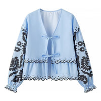 French Fashion Vintage Embroidered Flared Long Sleeve Lace-up Shirt