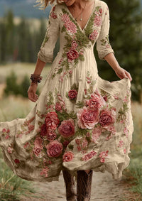 Vintage Elegant Long Dress With Floral And Botanical Print