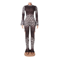 Sexy Leopard Print Long Sleeve Hollow Jumpsuit
