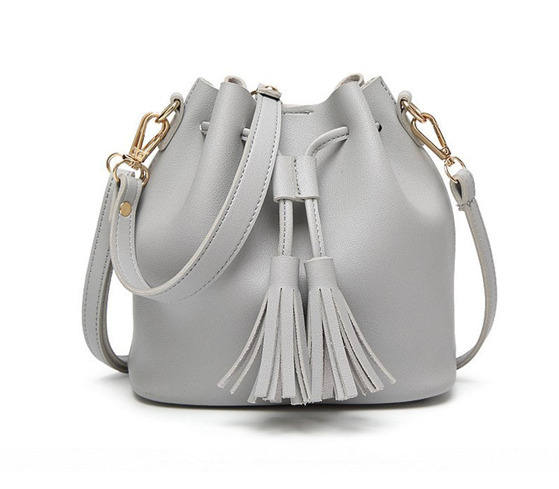 Vintage Fashion Small Women Leather Bucket Bag Handbag Tassel Drawstring Shoulder Bag