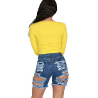 Hand-worn high waist denim shorts