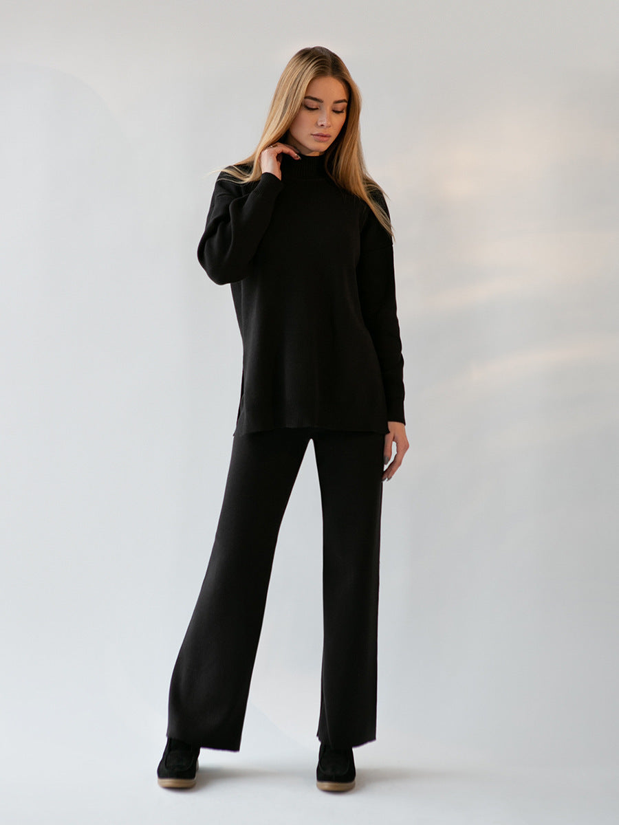 Women's Solid Color Knitted Turtleneck Slit Sweater Suit