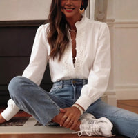 Women's V-Neck Floral Embroidered Shirt - Long Sleeve Single-Breasted Top