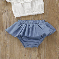 Pure color lace one-shoulder top + cute lace denim skirt pants